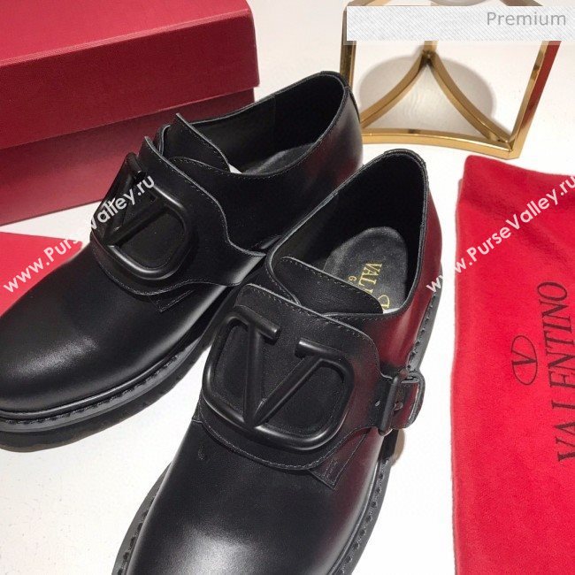Valentino Calfskin VLogo Buckle Loafers All Black 2020 (MD-0030317)