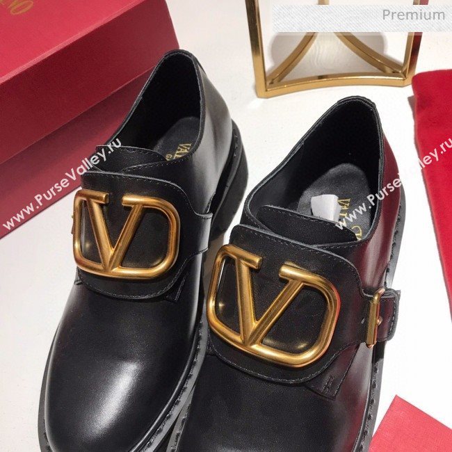 Valentino Calfskin VLogo Buckle Loafers Black/Gold 2020 (MD-0030319)
