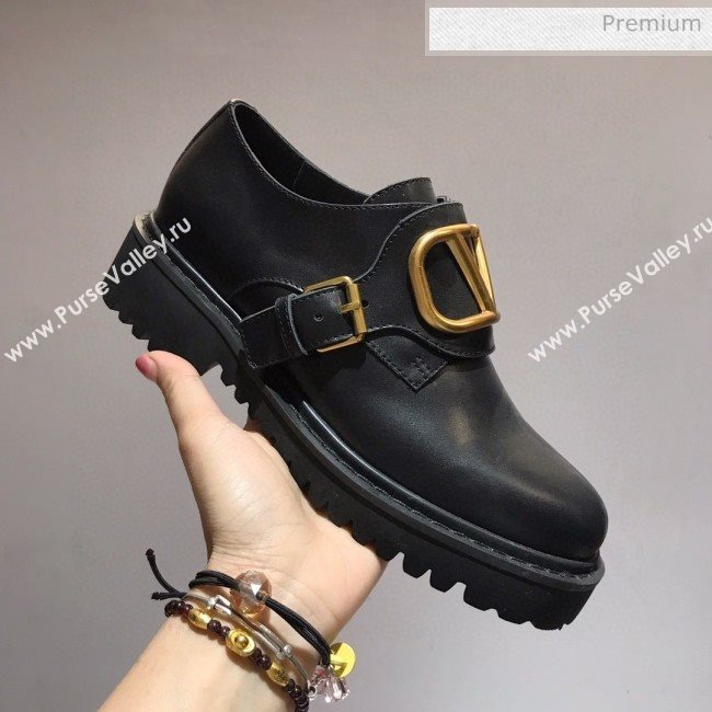 Valentino Calfskin VLogo Buckle Loafers Black/Gold 2020 (MD-0030319)