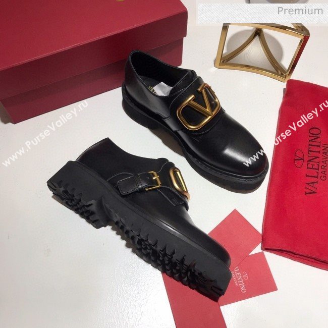 Valentino Calfskin VLogo Buckle Loafers Black/Gold 2020 (MD-0030319)
