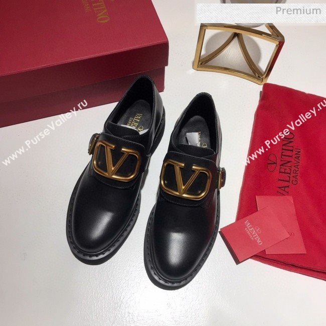 Valentino Calfskin VLogo Buckle Loafers Black/Gold 2020 (MD-0030319)