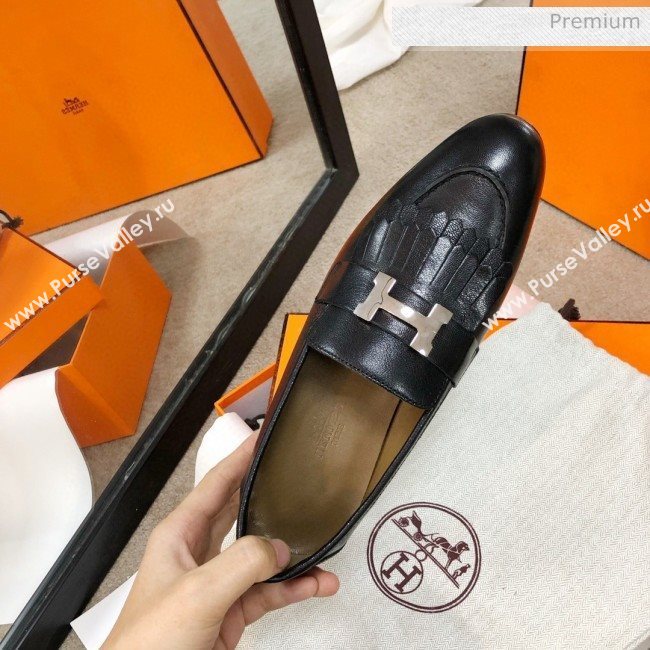 Hermes Royal Fringe Lambskin Flat Loafers Black 2020 (MD-0030717)