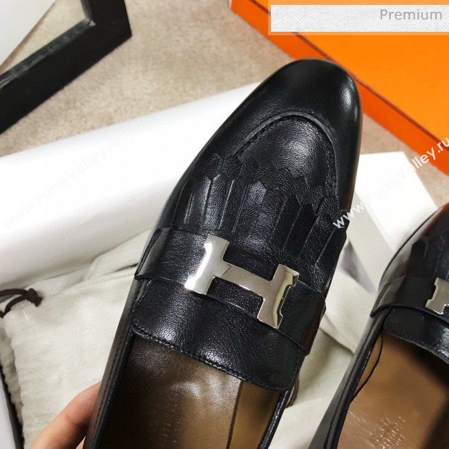 Hermes Royal Fringe Lambskin Flat Loafers Black 2020 (MD-0030717)