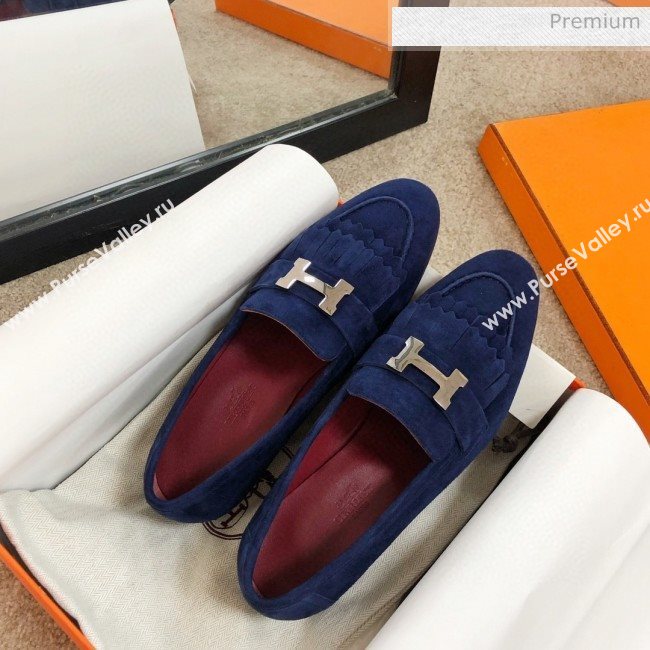 Hermes Royal Fringe Suede Flat Loafers Blue 2020 (MD-0030718)