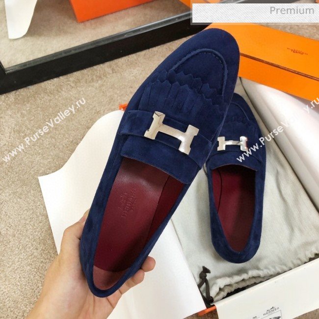 Hermes Royal Fringe Suede Flat Loafers Blue 2020 (MD-0030718)
