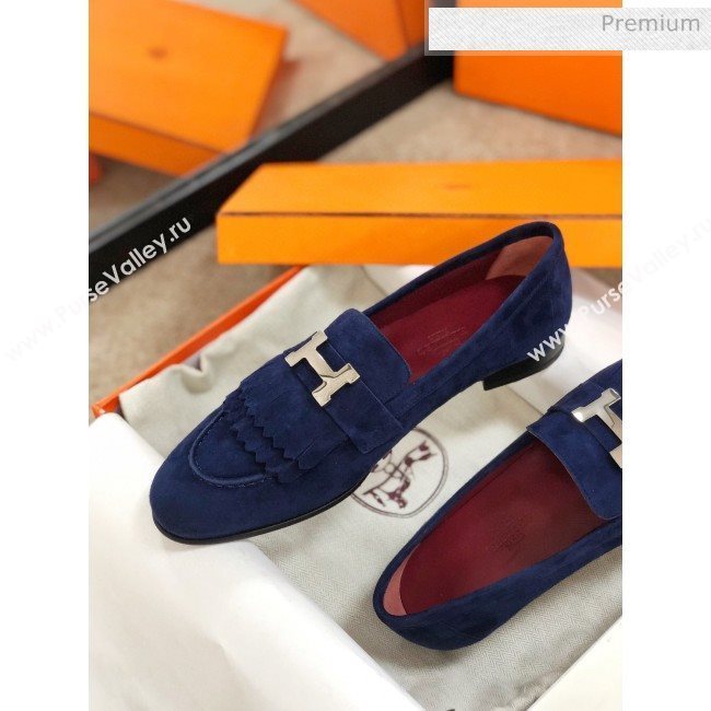 Hermes Royal Fringe Suede Flat Loafers Blue 2020 (MD-0030718)