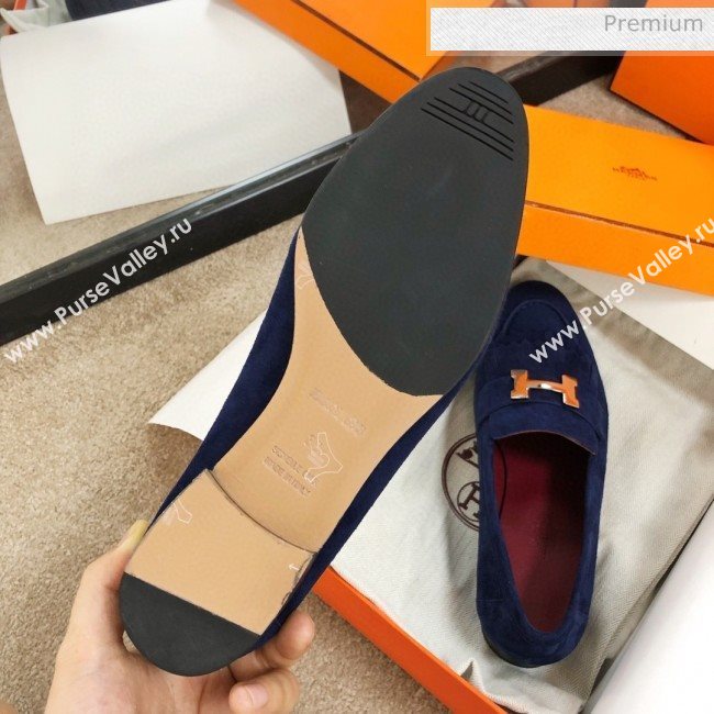 Hermes Royal Fringe Suede Flat Loafers Blue 2020 (MD-0030718)