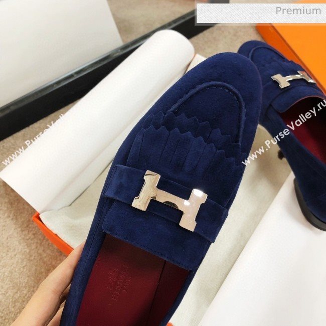 Hermes Royal Fringe Suede Flat Loafers Blue 2020 (MD-0030718)