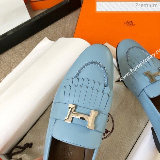 Hermes Royal Fringe Lambskin Flat Loafers Light Blue 2020 (MD-0030719)