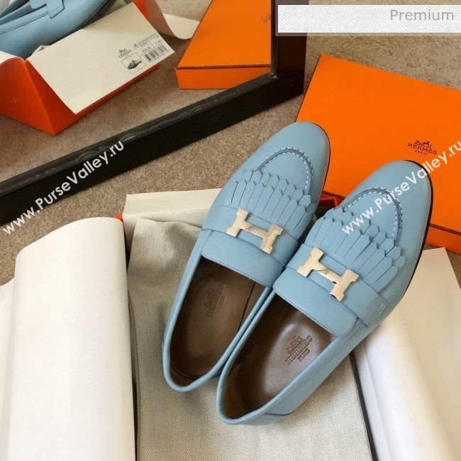 Hermes Royal Fringe Lambskin Flat Loafers Light Blue 2020 (MD-0030719)