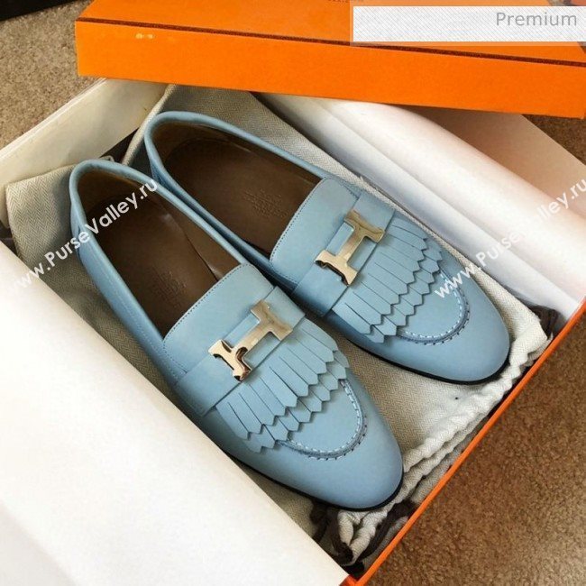 Hermes Royal Fringe Lambskin Flat Loafers Light Blue 2020 (MD-0030719)