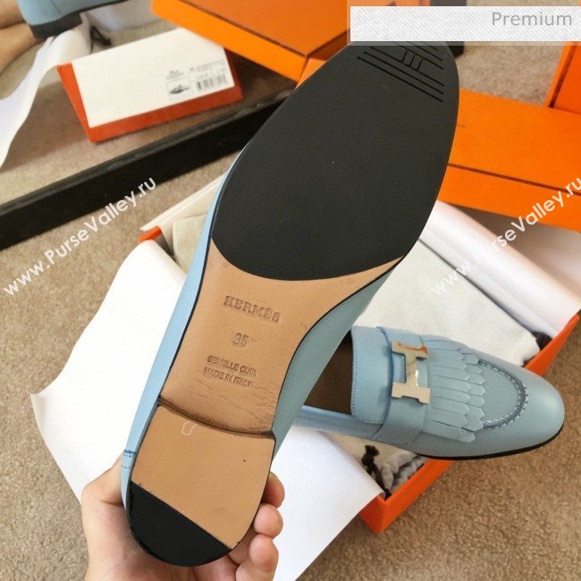 Hermes Royal Fringe Lambskin Flat Loafers Light Blue 2020 (MD-0030719)