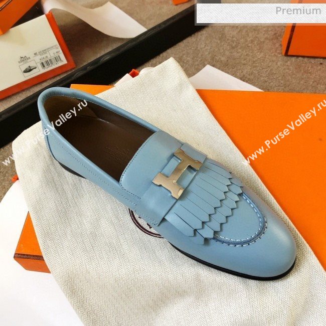 Hermes Royal Fringe Lambskin Flat Loafers Light Blue 2020 (MD-0030719)