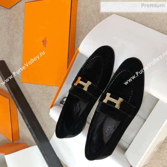 Hermes Paris Suede Flat Loafers Black 2020 (MD-0030716)