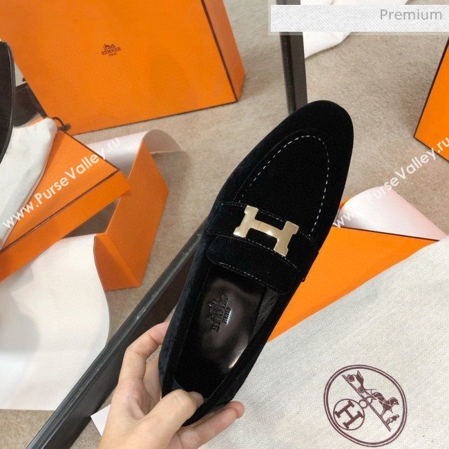 Hermes Paris Suede Flat Loafers Black 2020 (MD-0030716)