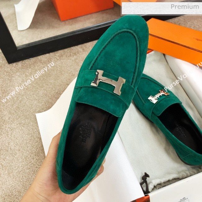 Hermes Paris Suede Flat Loafers Green 2020 (MD-0030715)