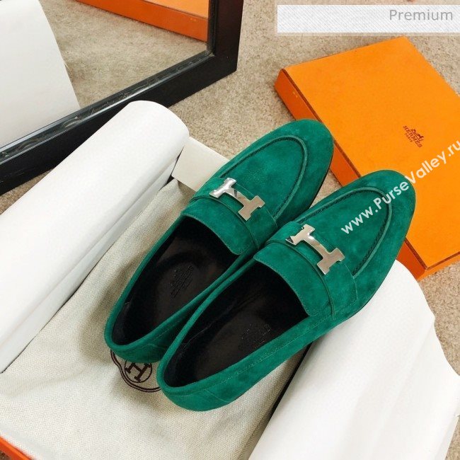 Hermes Paris Suede Flat Loafers Green 2020 (MD-0030715)