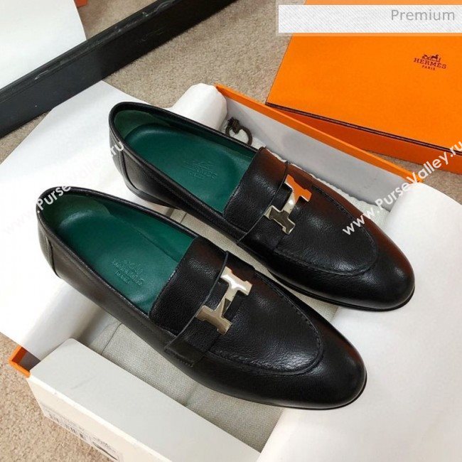 Hermes Paris Lambskin Flat Loafers Black/Green 2020 (MD-0030711)