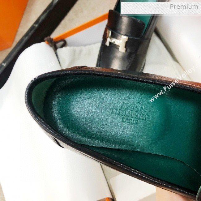 Hermes Paris Lambskin Flat Loafers Black/Green 2020 (MD-0030711)