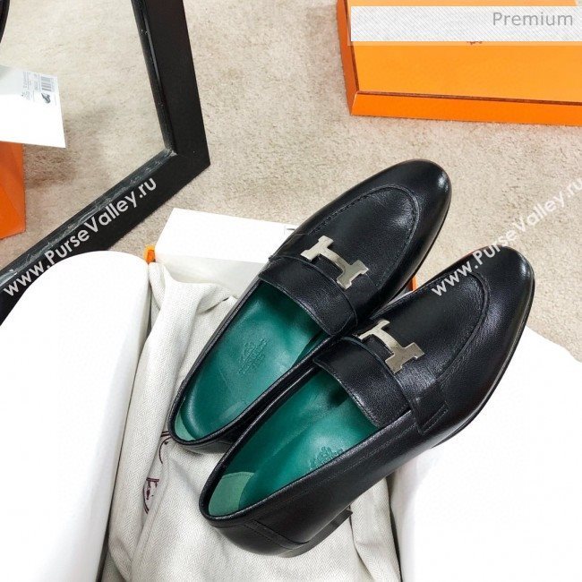 Hermes Paris Lambskin Flat Loafers Black/Green 2020 (MD-0030711)