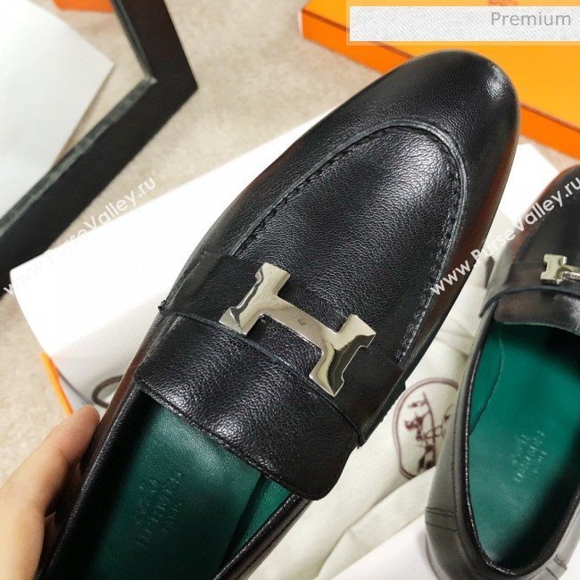 Hermes Paris Lambskin Flat Loafers Black/Green 2020 (MD-0030711)