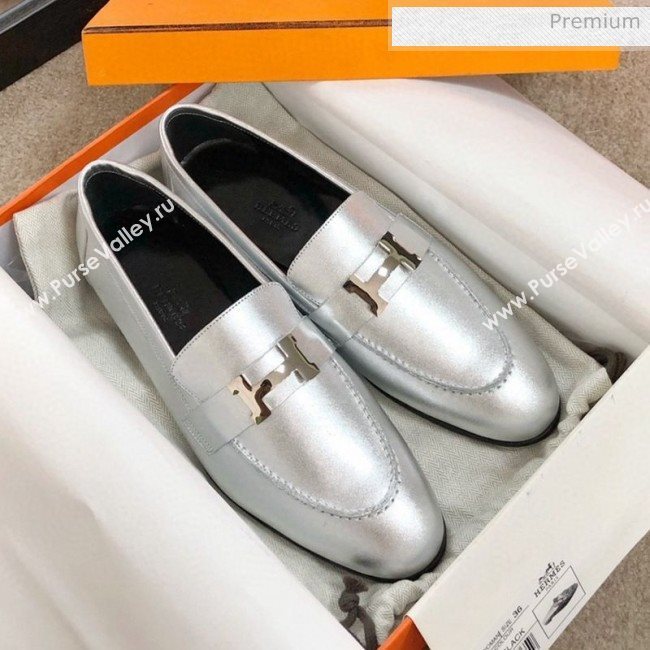 Hermes Paris Lambskin Flat Loafers Silver 2020 (MD-0030713)