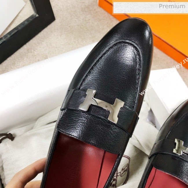 Hermes Paris Lambskin Flat Loafers Black/Red 2020 (MD-0030712)