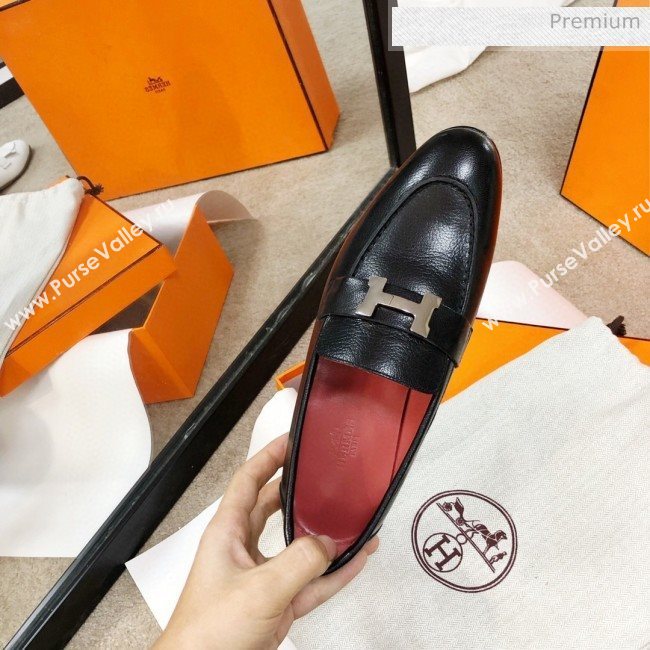 Hermes Paris Lambskin Flat Loafers Black/Red 2020 (MD-0030712)