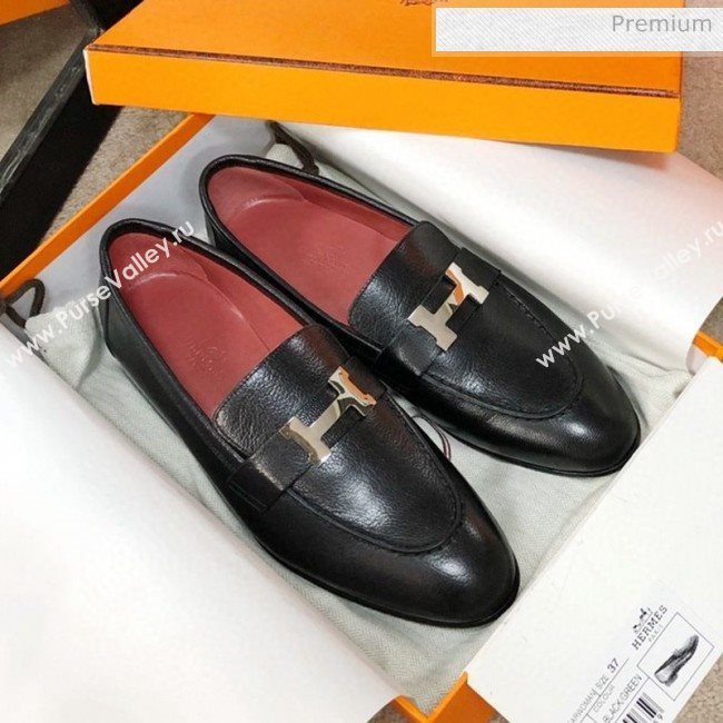 Hermes Paris Lambskin Flat Loafers Black/Red 2020 (MD-0030712)