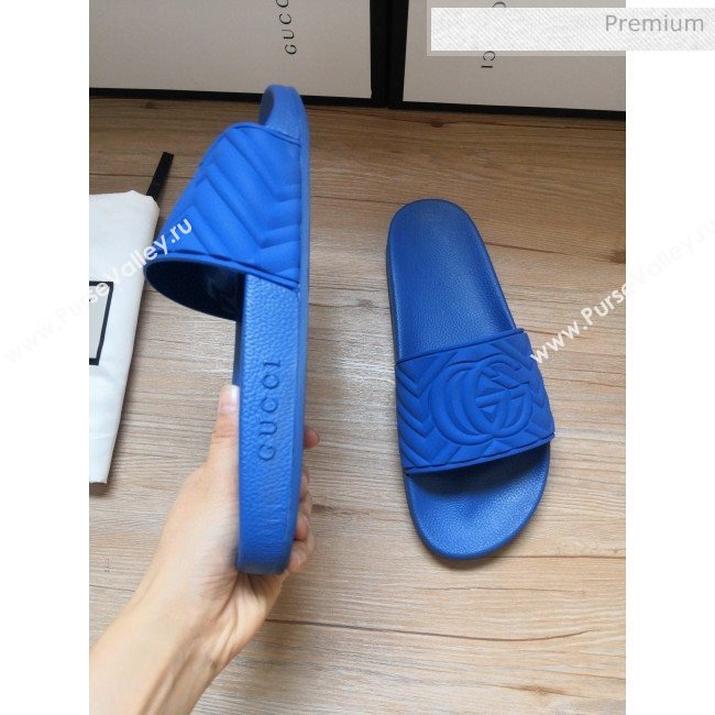 Gucci Matelassé Rubber Flat Slide Sandals 602067 Blue 2020 (For Women and Men) (MD-0030602)