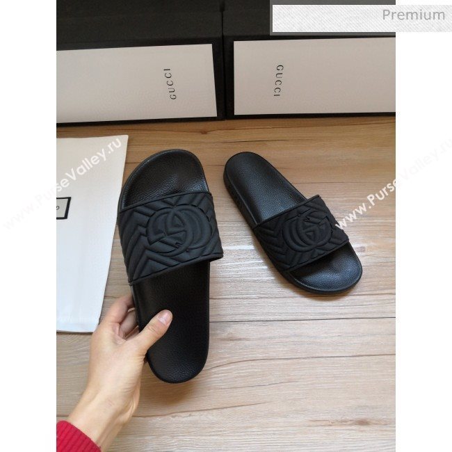 Gucci Matelassé Rubber Flat Slide Sandals 602067 Black 2020 (For Women and Men) (MD-0030601)