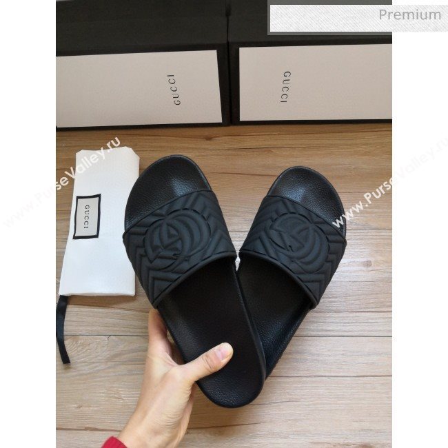 Gucci Matelassé Rubber Flat Slide Sandals 602067 Black 2020 (For Women and Men) (MD-0030601)