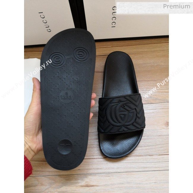 Gucci Matelassé Rubber Flat Slide Sandals 602067 Black 2020 (For Women and Men) (MD-0030601)