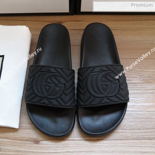 Gucci Matelassé Rubber Flat Slide Sandals 602067 Black 2020 (For Women and Men) (MD-0030601)