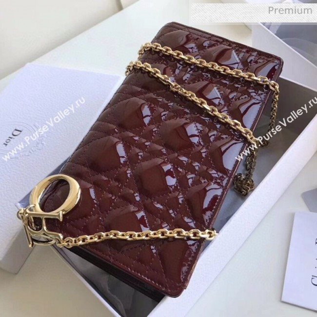 Dior Lady Dior Clutch with Chain in Cannage Patent Leather Burgundy 2018 (XXG-20030822)