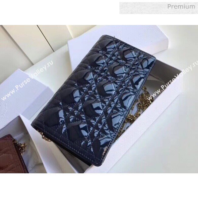 Dior Lady Dior Clutch with Chain in Cannage Patent Leather Navy Blue 2018 (XXG-20030820)