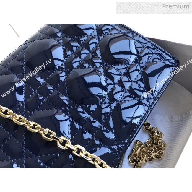 Dior Lady Dior Clutch with Chain in Cannage Patent Leather Navy Blue 2018 (XXG-20030820)