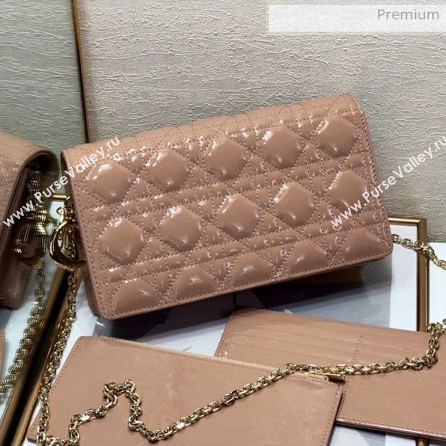 Dior Lady Dior Clutch with Chain in Cannage Patent Leather Beige 2018 (XXG-20030823)