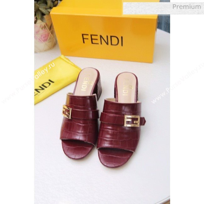 Fendi Promenade Stone-Grained Leather Heel Slide Sandals Burdundy 2020 (MD-20030808)