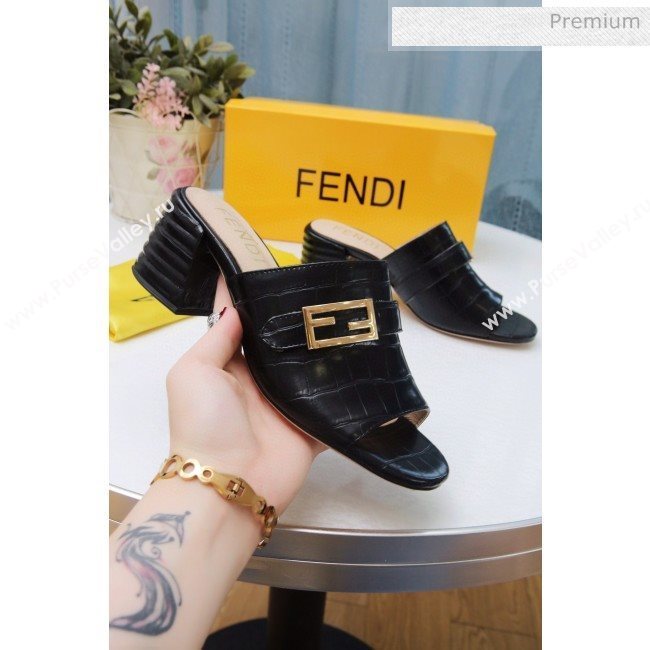 Fendi Promenade Stone-Grained Leather Heel Slide Sandals Black 2020 (MD-20030806)