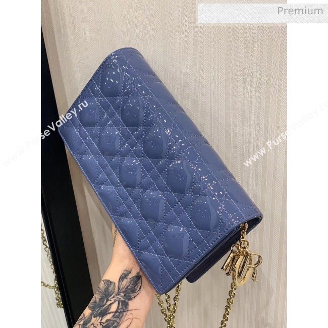 Dior Lady Dior Clutch with Chain in Cannage Patent Leather Light Blue 2018 (XXG-20030819)