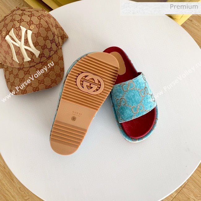Gucci Velvet GG Platform Slide Sandal 573018 Light Blue 2019 (SS-20031018)
