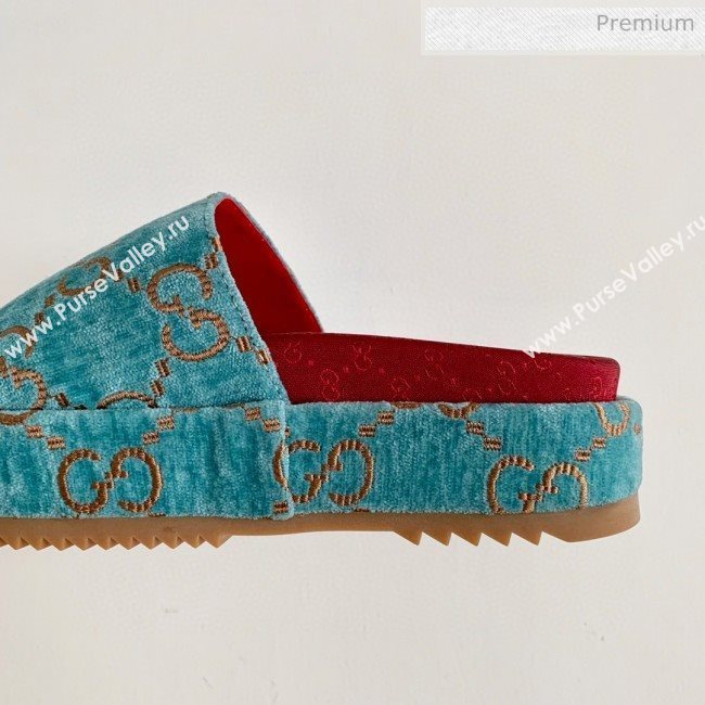 Gucci Velvet GG Platform Slide Sandal 573018 Light Blue 2019 (SS-20031018)