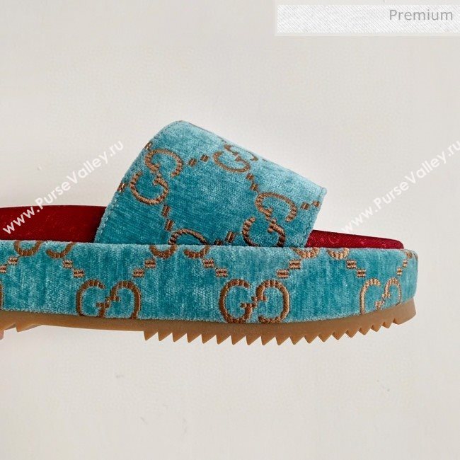 Gucci Velvet GG Platform Slide Sandal 573018 Light Blue 2019 (SS-20031018)