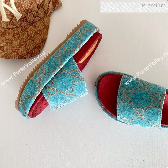 Gucci Velvet GG Platform Slide Sandal 573018 Light Blue 2019 (SS-20031018)