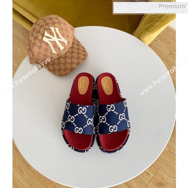 Gucci GG Canvas Platform Slide Sandal 573018 Navy Blue 2019 (SS-20031019)
