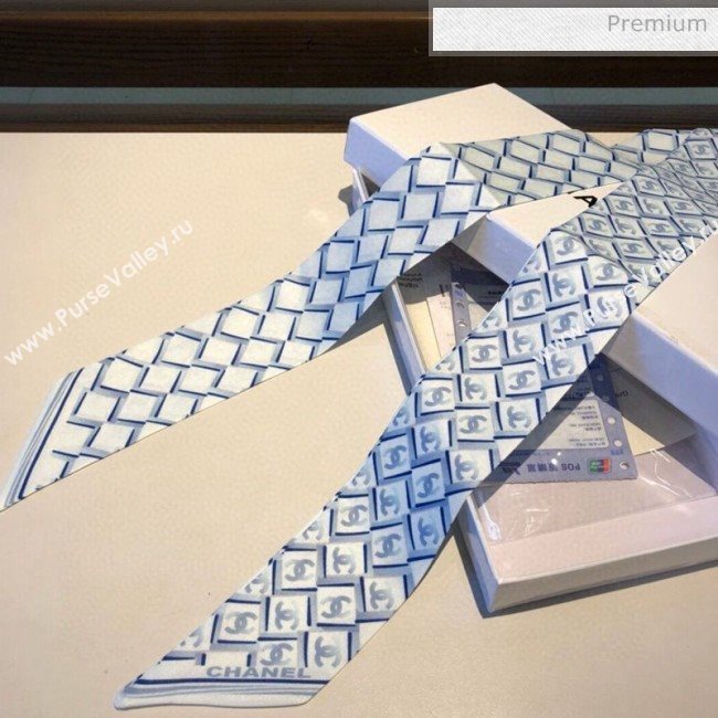 Chanel Quilting CC Print Silk Slim Bandeau Scarf 5x120cm Light Blue 2020 (XMN-20031046)