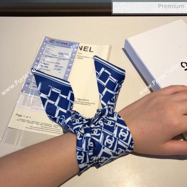 Chanel Quilting CC Print Silk Slim Bandeau Scarf 5x120cm Navy Blue 2020 (XMN-20031045)