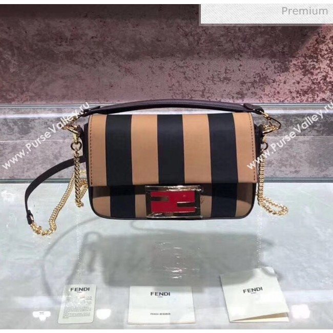 Fendi Baguette Mini Striped Leather Bag Light Brown/Black 2020 (AFEI-20030951)