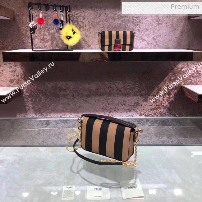 Fendi Baguette Mini Striped Leather Bag Light Brown/Black 2020 (AFEI-20030951)